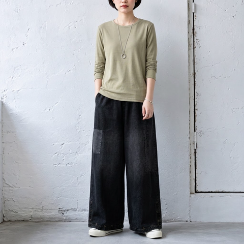 M-2XL  無地 切り替え ポケット付き  ガウチョパンツ M ブラック