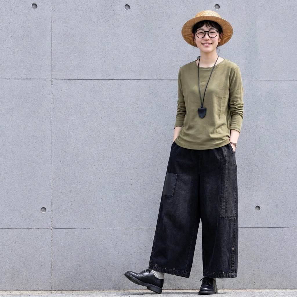 M-2XL  無地 切り替え ポケット付き  ガウチョパンツ 2XL ブラック