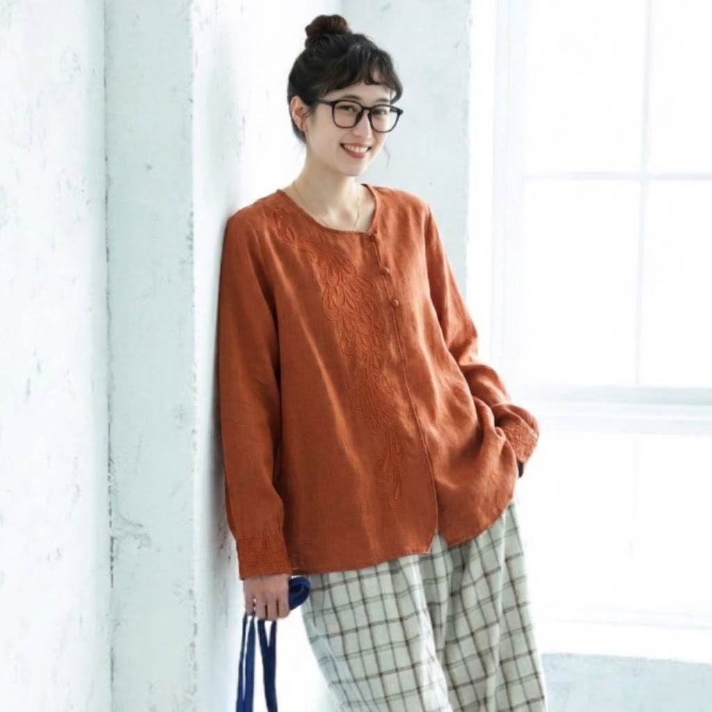 M-2XL チャイナ風 刺繍 ゆったり 体型カバー スルーシーズン きれいめ 長袖 シャツ 2XL オレンジレッド