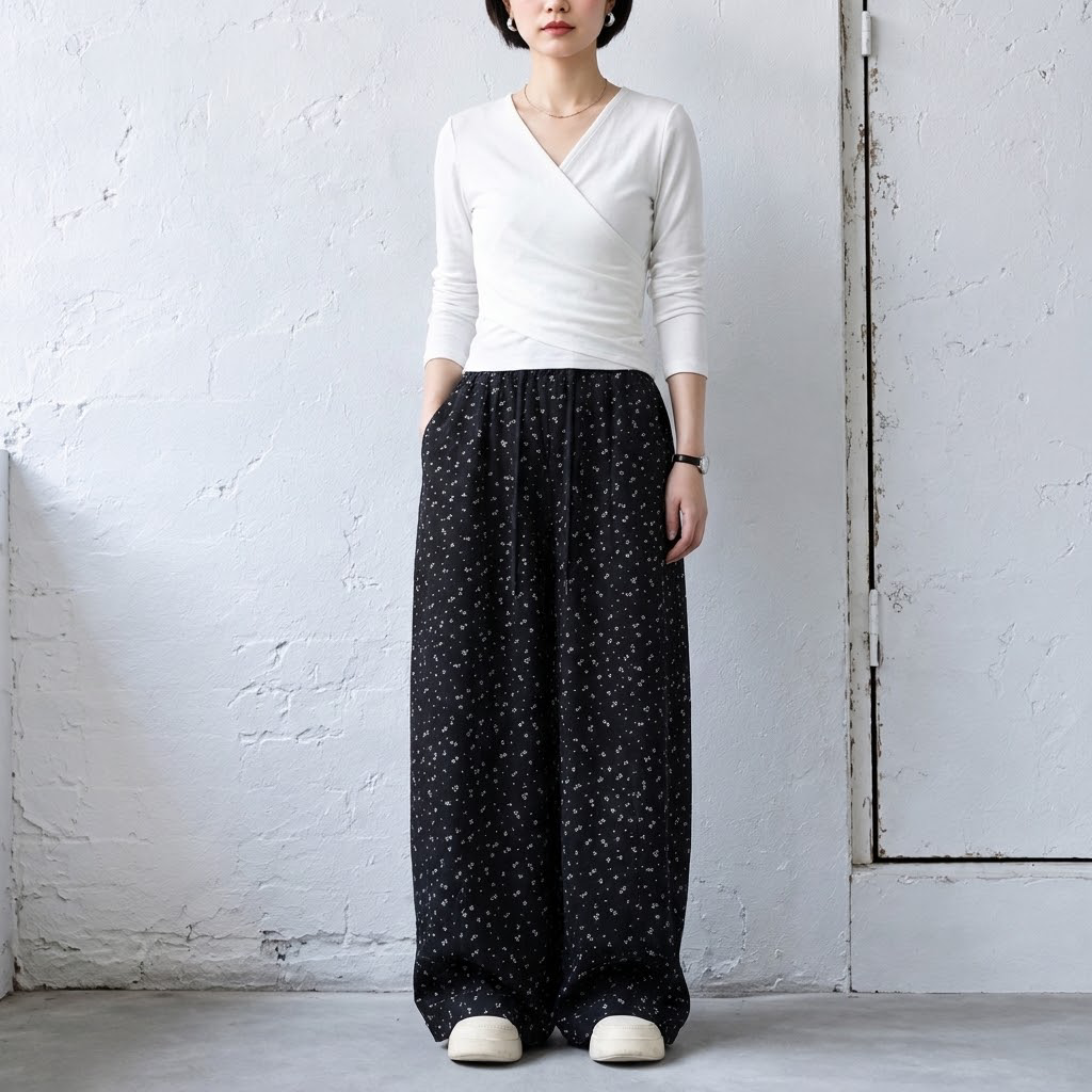 S-2XL 新商品＆再入荷 花柄  ポケット付き ガウチョパンツ 2XL ネイビー (ロング丈)