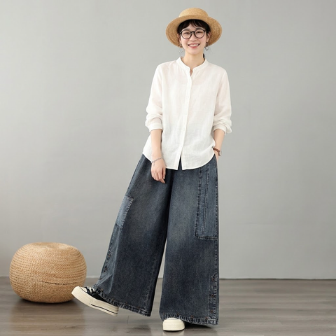M-2XL  無地 切り替え ポケット付き  ガウチョパンツ M ブラック