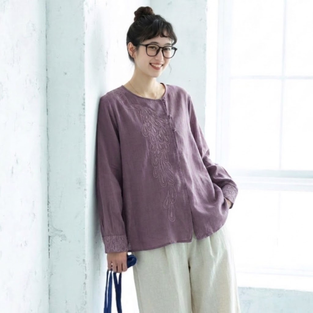 M-2XL チャイナ風 刺繍 ゆったり 体型カバー スルーシーズン きれいめ 長袖 シャツ 2XL パープル