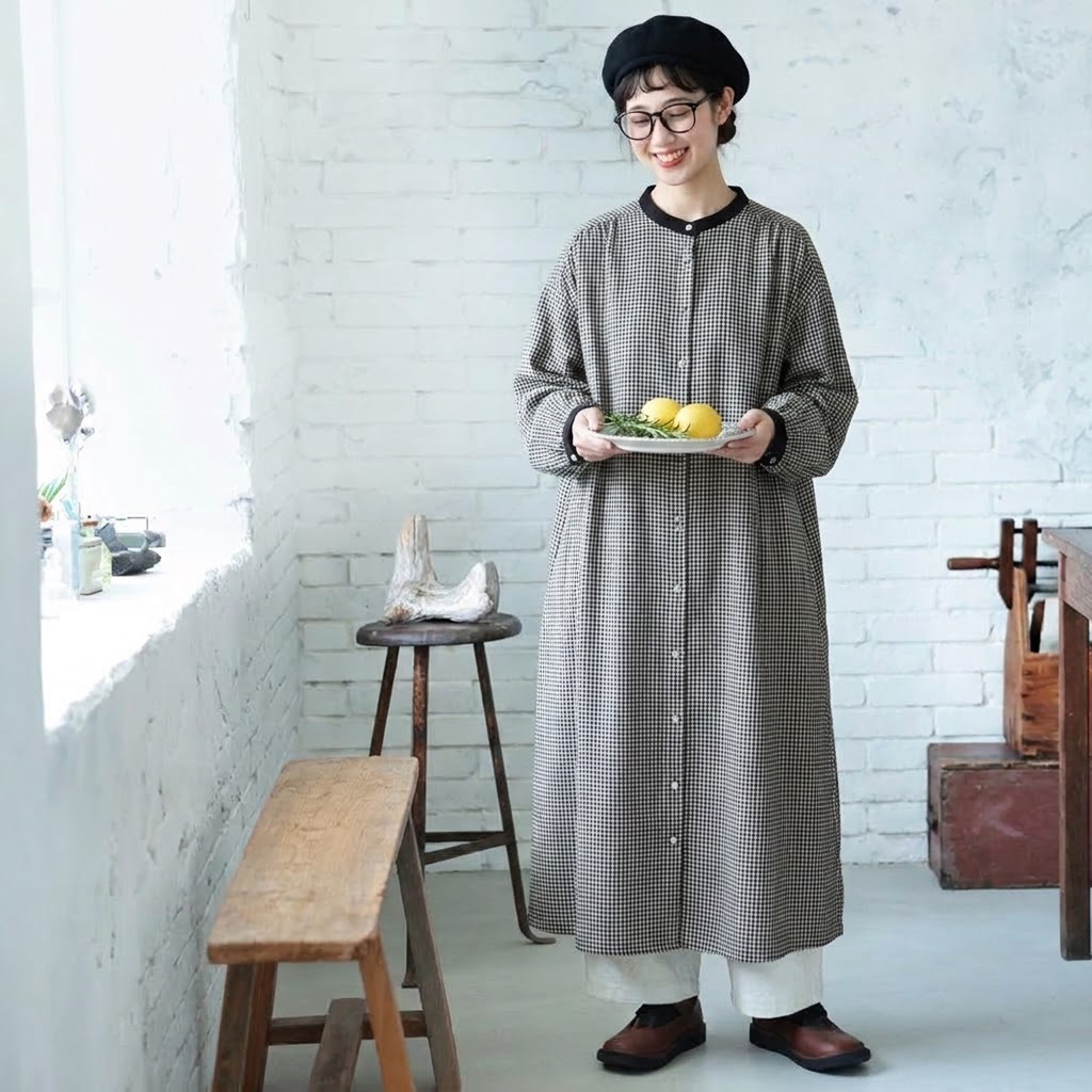 【コットン】M-2XL 長く着られる シンプル チェック柄 長袖 ワンピース 2XL 写真通り