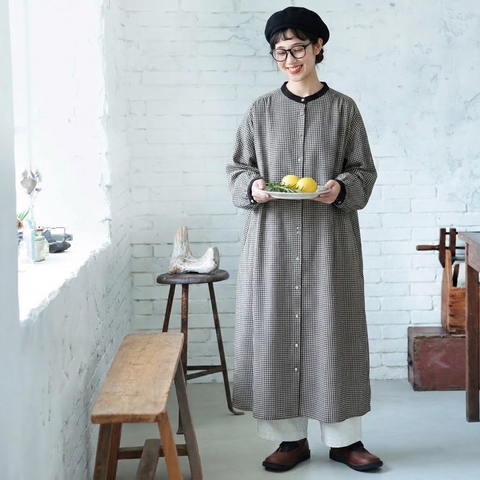【コットン】M-2XL 長く着られる シンプル チェック柄 長袖 ワンピース 2XL 写真通り