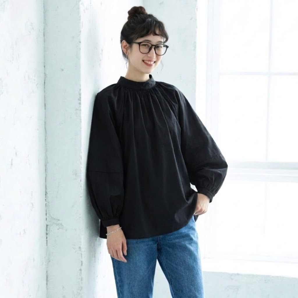 【コットン】S-XL 大きめのサイズ感 甘めな印象 ビックシルエット ボウタイ シャツ S ブラック