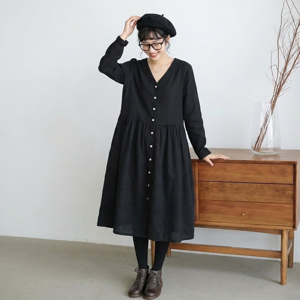 M-2XL V ネック 前ボタン ギャザーデザイン ゆったり レトロ カジュアル 長袖 ロングワンピース M 写真通り