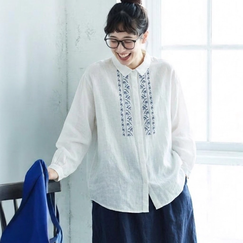 ML 花刺繍 ゆったり 着回し きれいめ 長袖 シャツ M ホワイト