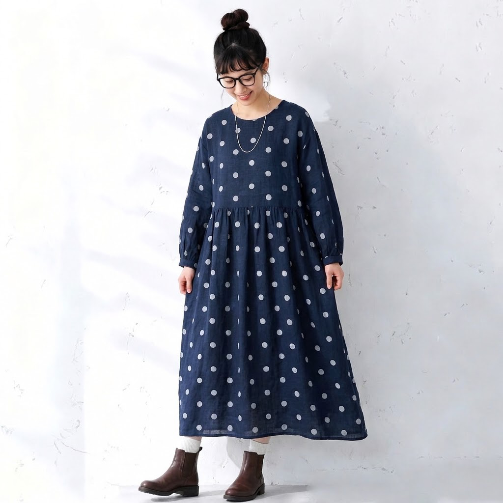 M-2XL 女性に大人気 シンプル ドット柄 長袖 ワンピース M 写真通り
