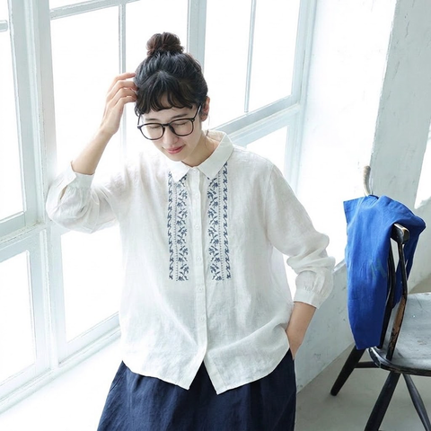 ML 花刺繍 ゆったり 着回し きれいめ 長袖 シャツ M ホワイト
