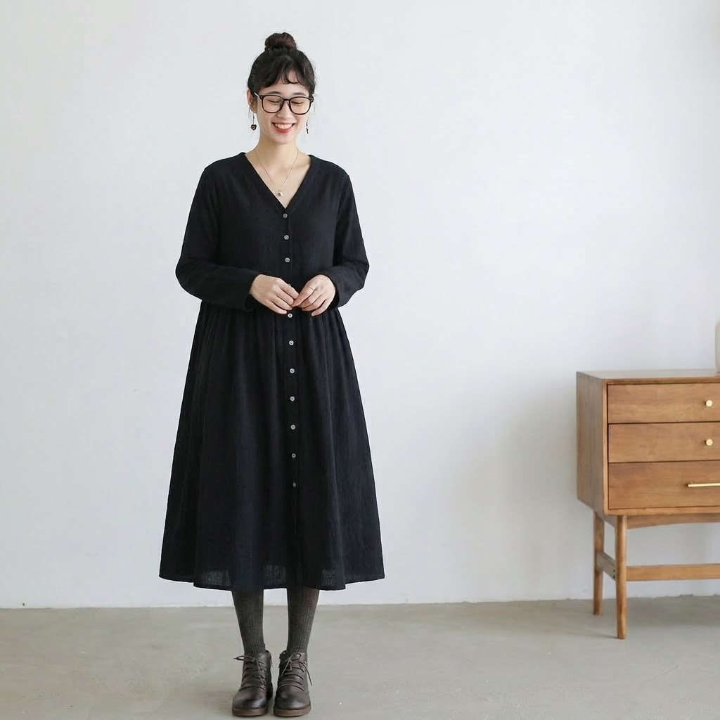 M-2XL V ネック 前ボタン ギャザーデザイン ゆったり レトロ カジュアル 長袖 ロングワンピース M 写真通り