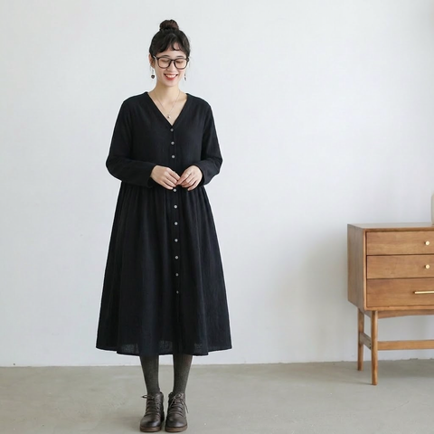 M-2XL V ネック 前ボタン ギャザーデザイン ゆったり レトロ カジュアル 長袖 ロングワンピース M 写真通り
