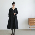 M-2XL V ネック 前ボタン ギャザーデザイン ゆったり レトロ カジュアル 長袖 ロングワンピース 2XL 写真通り