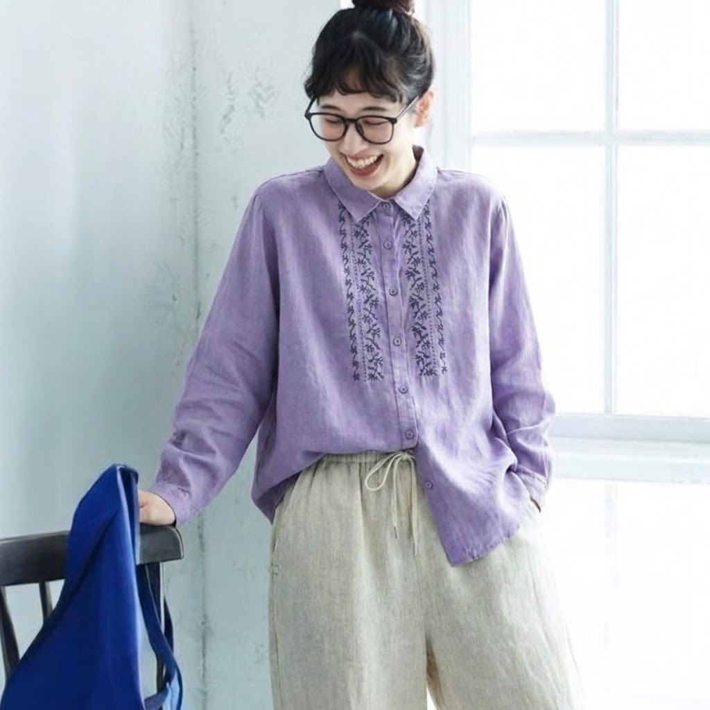 ML 花刺繍 ゆったり 着回し きれいめ 長袖 シャツ M ホワイト