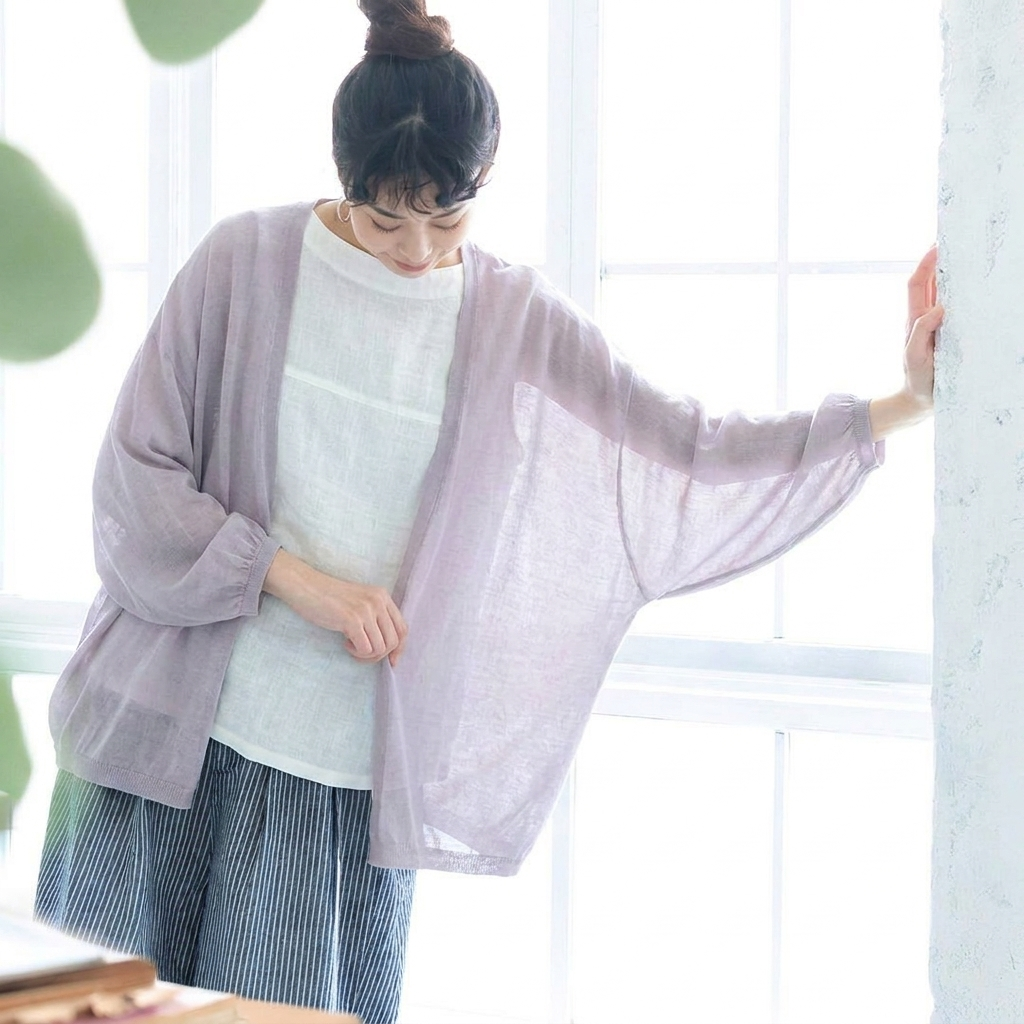 【コットン】S-3XL 柔らかい 接触冷感 UVカット ドルマンスリーブ 着痩せ効果 カーディガン S パープル