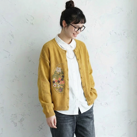 S-3XL 刺繍デザイン 前ボタン ルーズシルエット レトロ 長袖 ニットカーディガン S パープル
