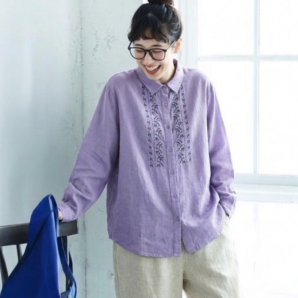 ML 花刺繍 ゆったり 着回し きれいめ 長袖 シャツ L パープル