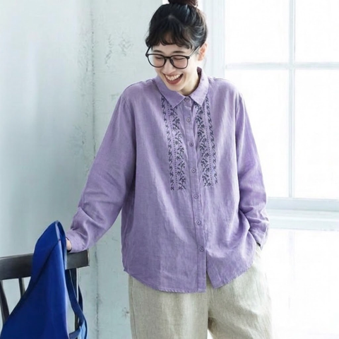 ML 花刺繍 ゆったり 着回し きれいめ 長袖 シャツ L パープル