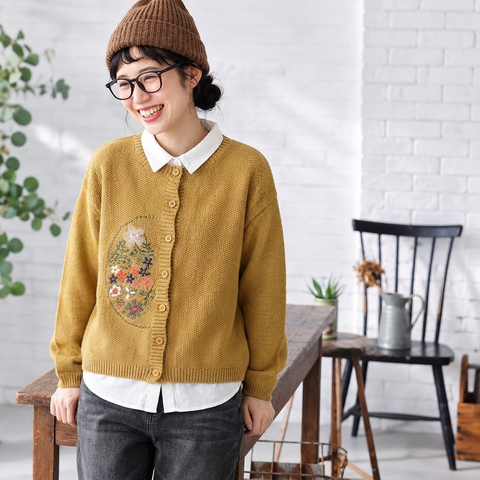 S-3XL 刺繍デザイン 前ボタン ルーズシルエット レトロ 長袖 ニットカーディガン 3XL イエロー