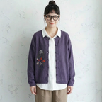 S-3XL 刺繍デザイン 前ボタン ルーズシルエット レトロ 長袖 ニットカーディガン 3XL パープル