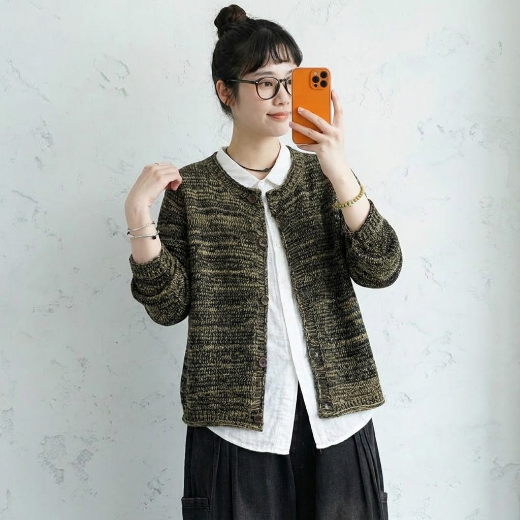 インスタで超人気フリーサイズ ラウンドネック シングルブレスト ボタン 長袖 レトロ カーディガン フリー ブラック