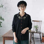 ML 着回し自在！ 無地 長袖 刺繍 花模様 清新 シャツ L ブラック