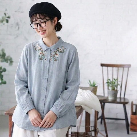 ML 着回し自在！ 無地 長袖 刺繍 花模様 清新 シャツ L ブルー