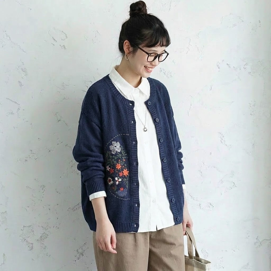 S-3XL 刺繍デザイン 前ボタン ルーズシルエット レトロ 長袖 ニットカーディガン 3XL ブルー