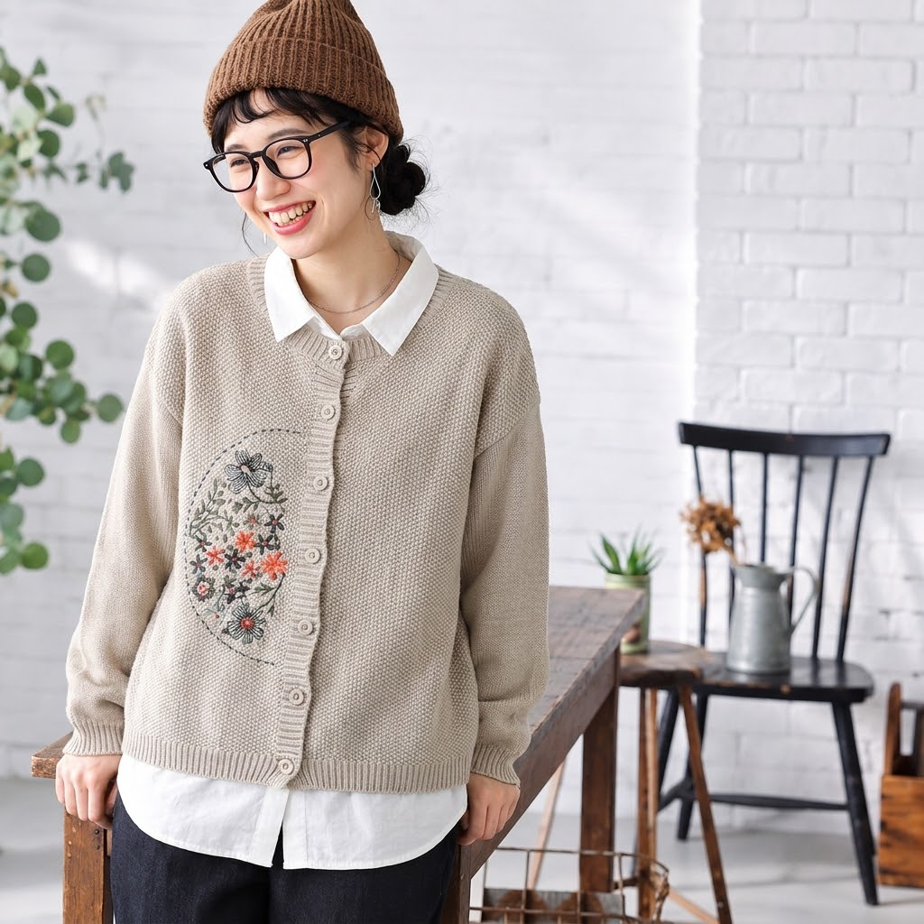 S-3XL 刺繍デザイン 前ボタン ルーズシルエット レトロ 長袖 ニットカーディガン 3XL ベージュ