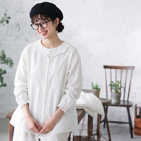 F テクスチャ 無地 刺繍 長袖 森ガール シャツ フリー ホワイト
