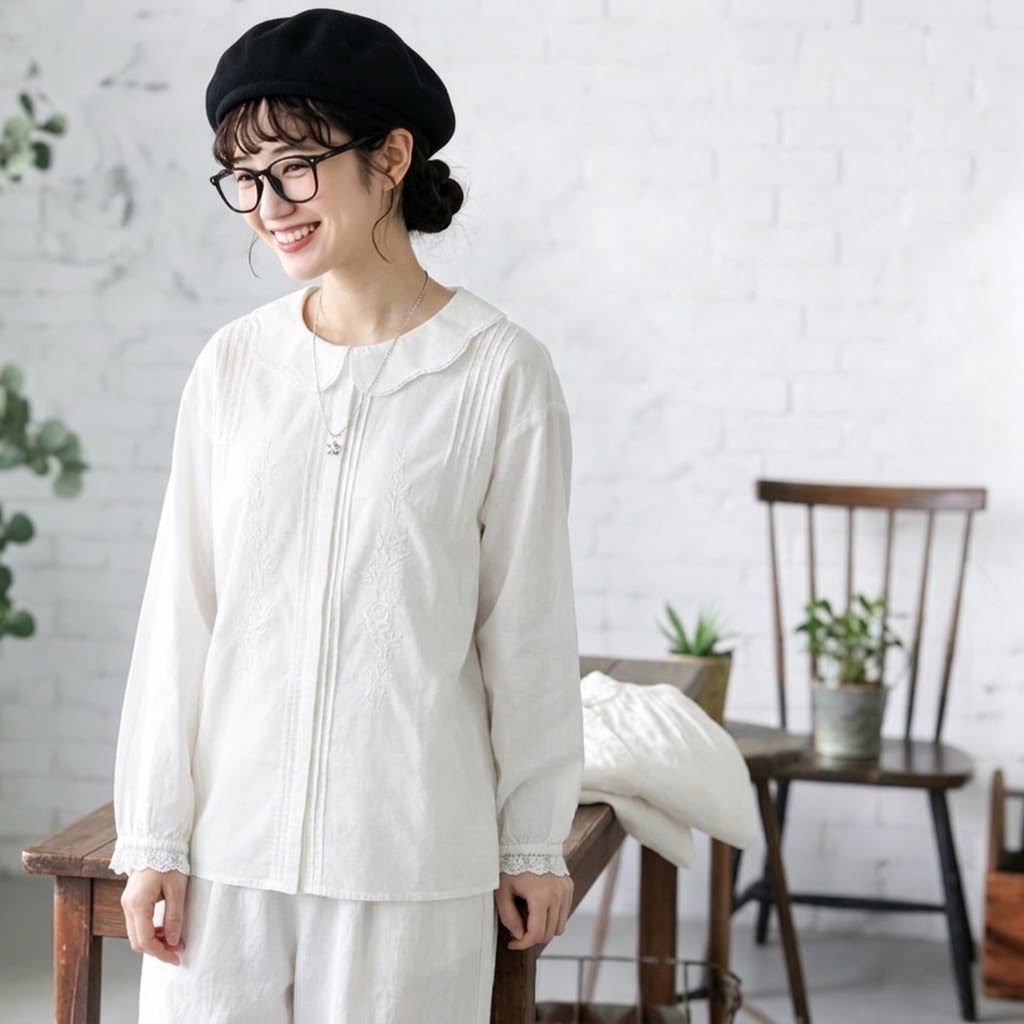 F テクスチャ 無地 刺繍 長袖 森ガール シャツ フリー ホワイト