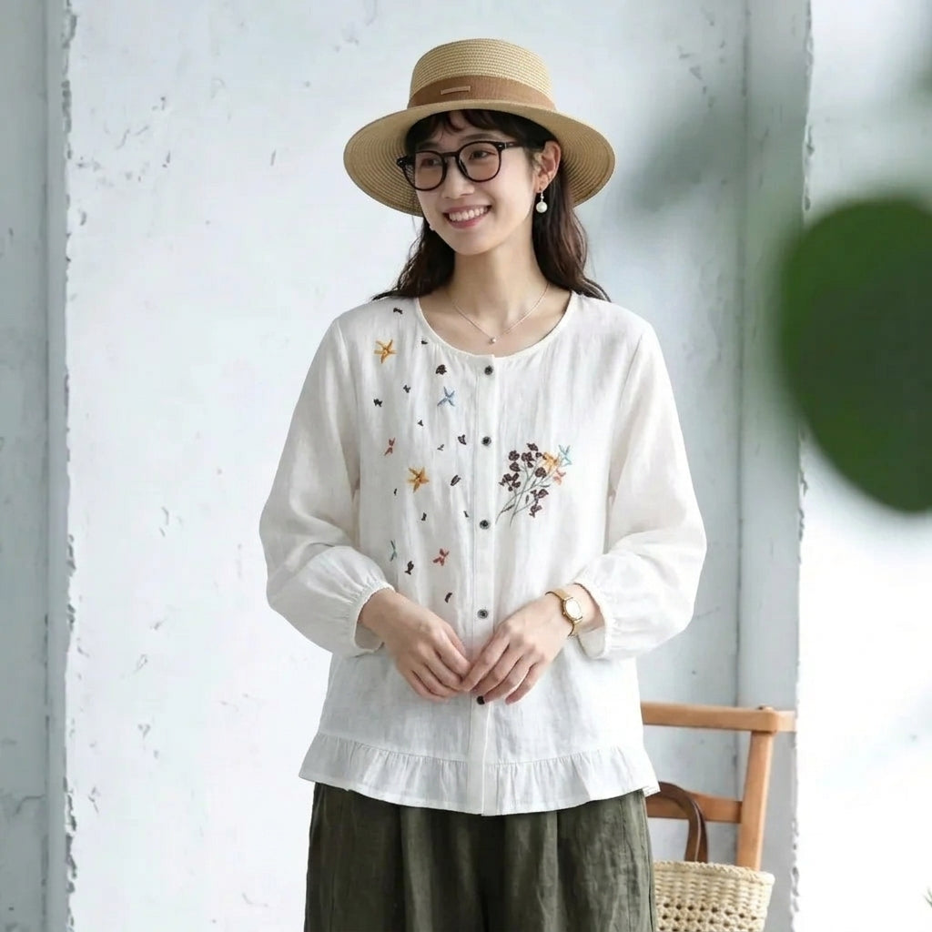 M-2XL 刺繍 通気性良い ナチュラル シンプル 耐久性 長袖トップス 2XL ホワイト