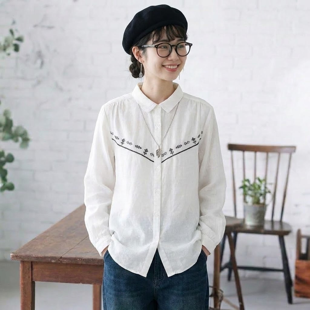 ML 気質アップ コットン 無地 刺繍 ナチュラル シャツ L ホワイト