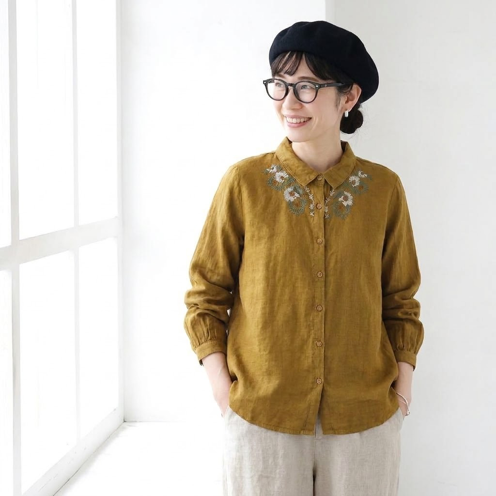 ML 着回し自在！ 無地 長袖 刺繍 花模様 清新 シャツ M ホワイト