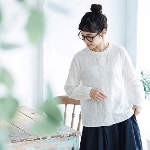 季節の変わり目【コットン】M-2XL  気分転換 刺繍 花模様 柔らかい 長袖 ナチュラル シャツ M ベージュ