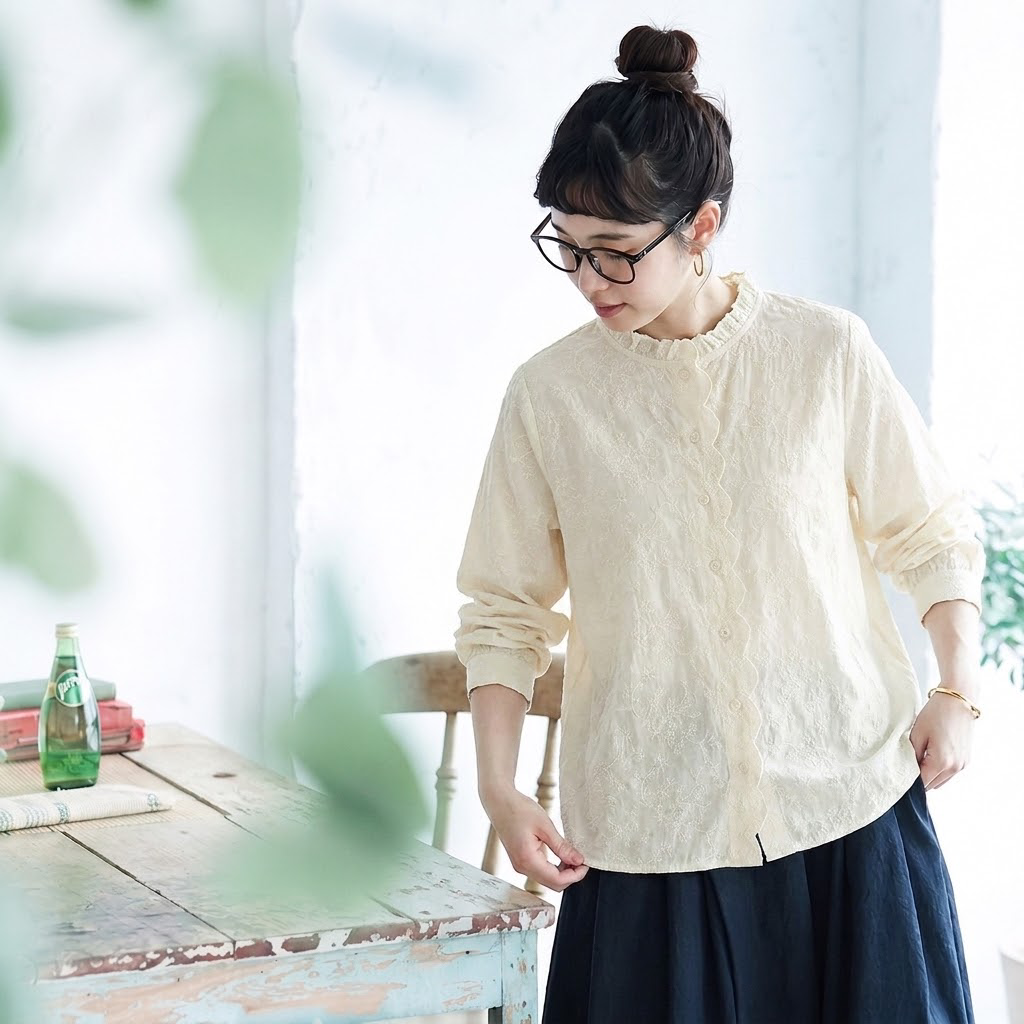 季節の変わり目【コットン】M-2XL  気分転換 刺繍 花模様 柔らかい 長袖 ナチュラル シャツ M ベージュ