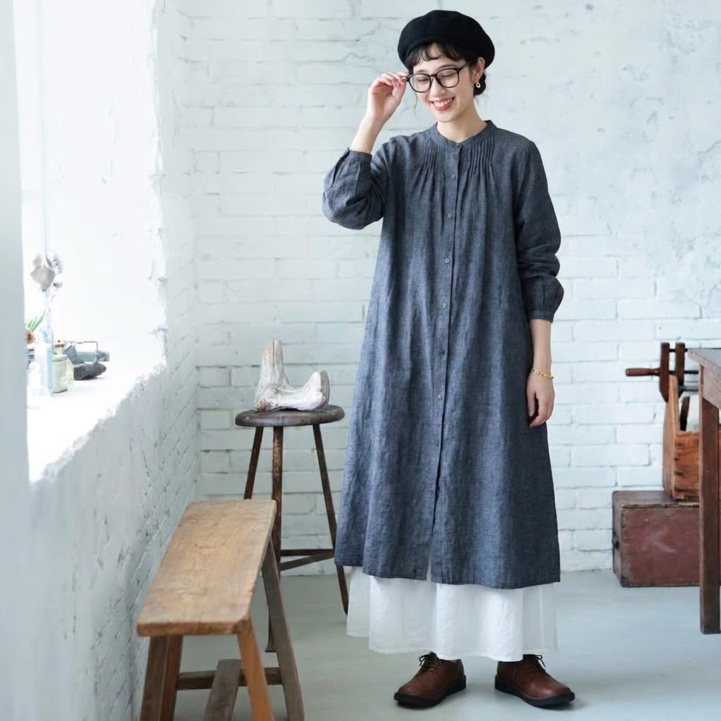 【コットン】M-2XL 新作発売！体型をカバー シンプル 無地 森ガール シャツワンピース M 写真通り01