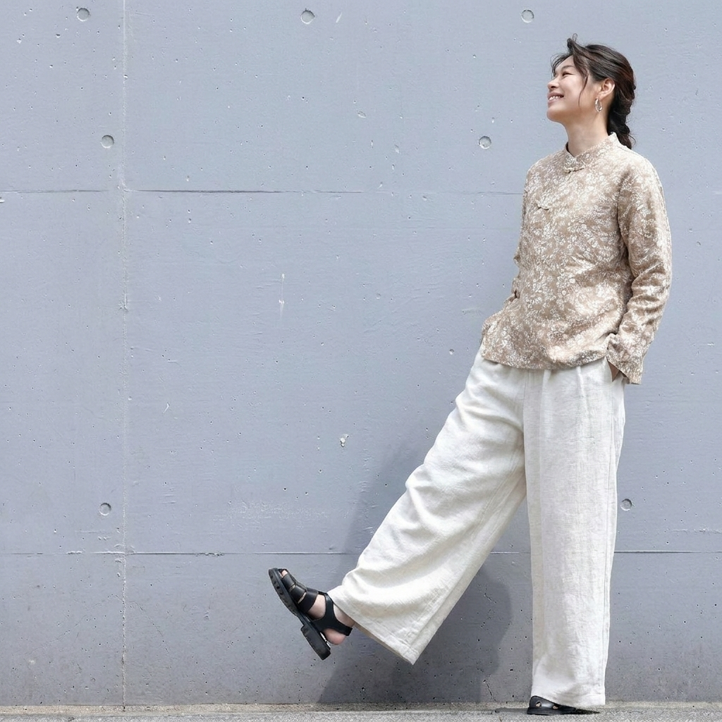 M-XLサイズ 棉麻 無地 ロング丈 レトロ ガウチョパンツ M アプリコット