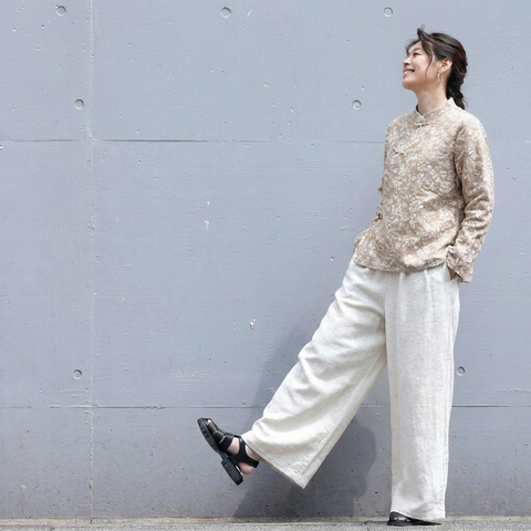 M-XLサイズ 棉麻 無地 ロング丈 レトロ ガウチョパンツ M アプリコット