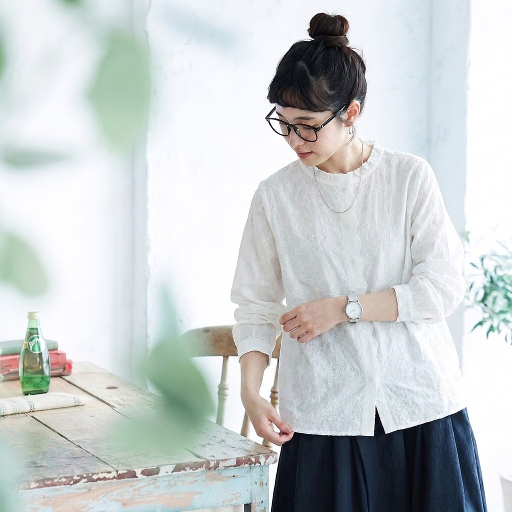 季節の変わり目【コットン】M-2XL  気分転換 刺繍 花模様 柔らかい 長袖 ナチュラル シャツ 2XL ホワイト