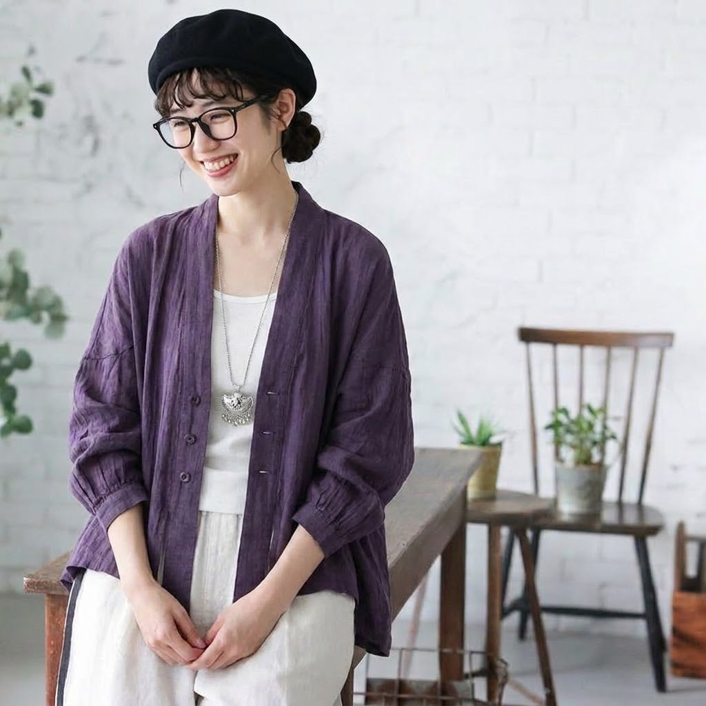 【ナチュラル】M-2XL 季節の変わり目 ボタン 上品見え 耐久性 秋色 無地 シャツ M パープル