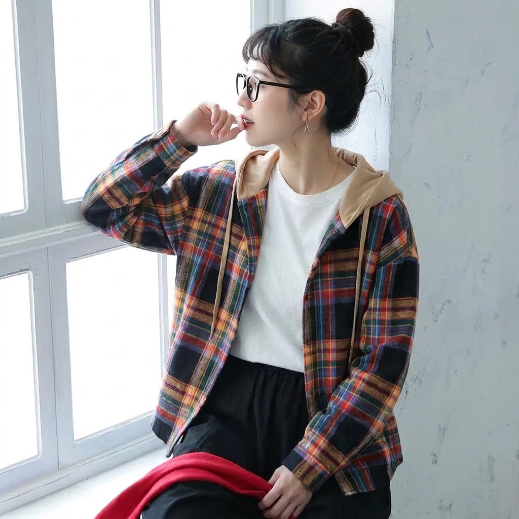 M-2XL フード付き ボタン チェック柄 長袖 カジュアル シャツ 2XL ブラウン (レギュラータイプ)