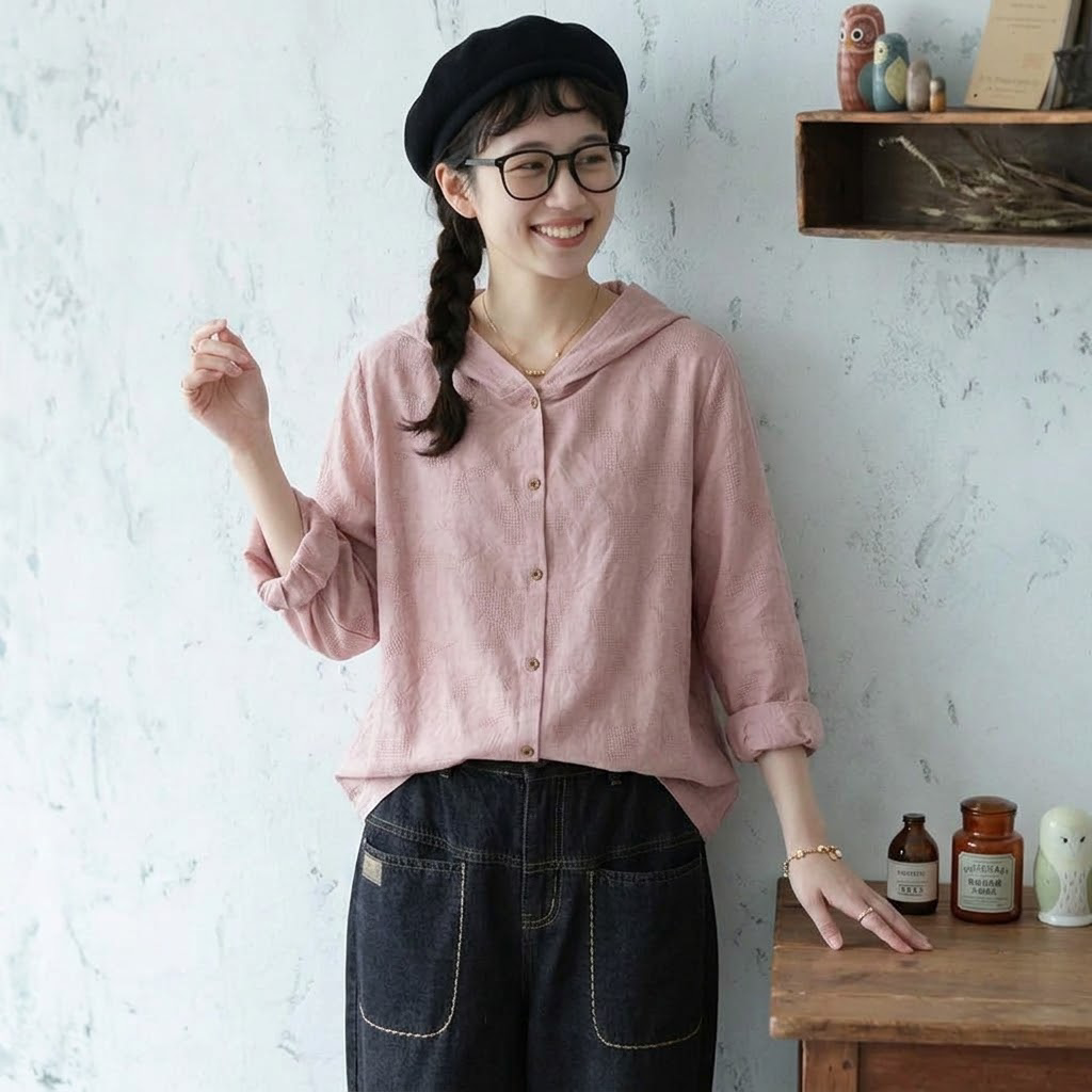 M-2XL 女性に大人気 綿麻 耐久性 シンプル フード付き 無地 プリント シャツ M ホワイト