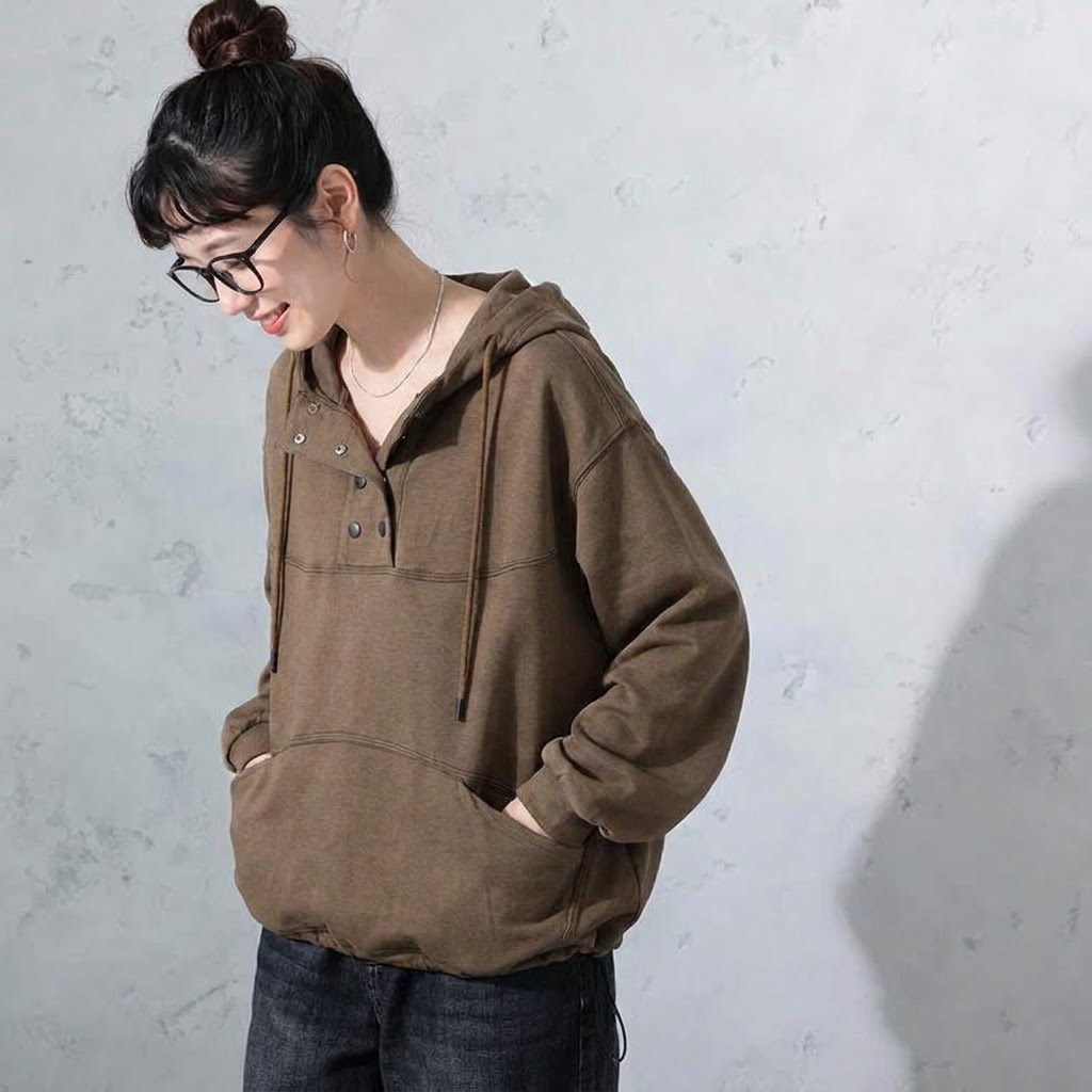 L-4XL 気質アップ 無地 ボタン 長袖 パーカー/ジャージ 4XL ブラウン