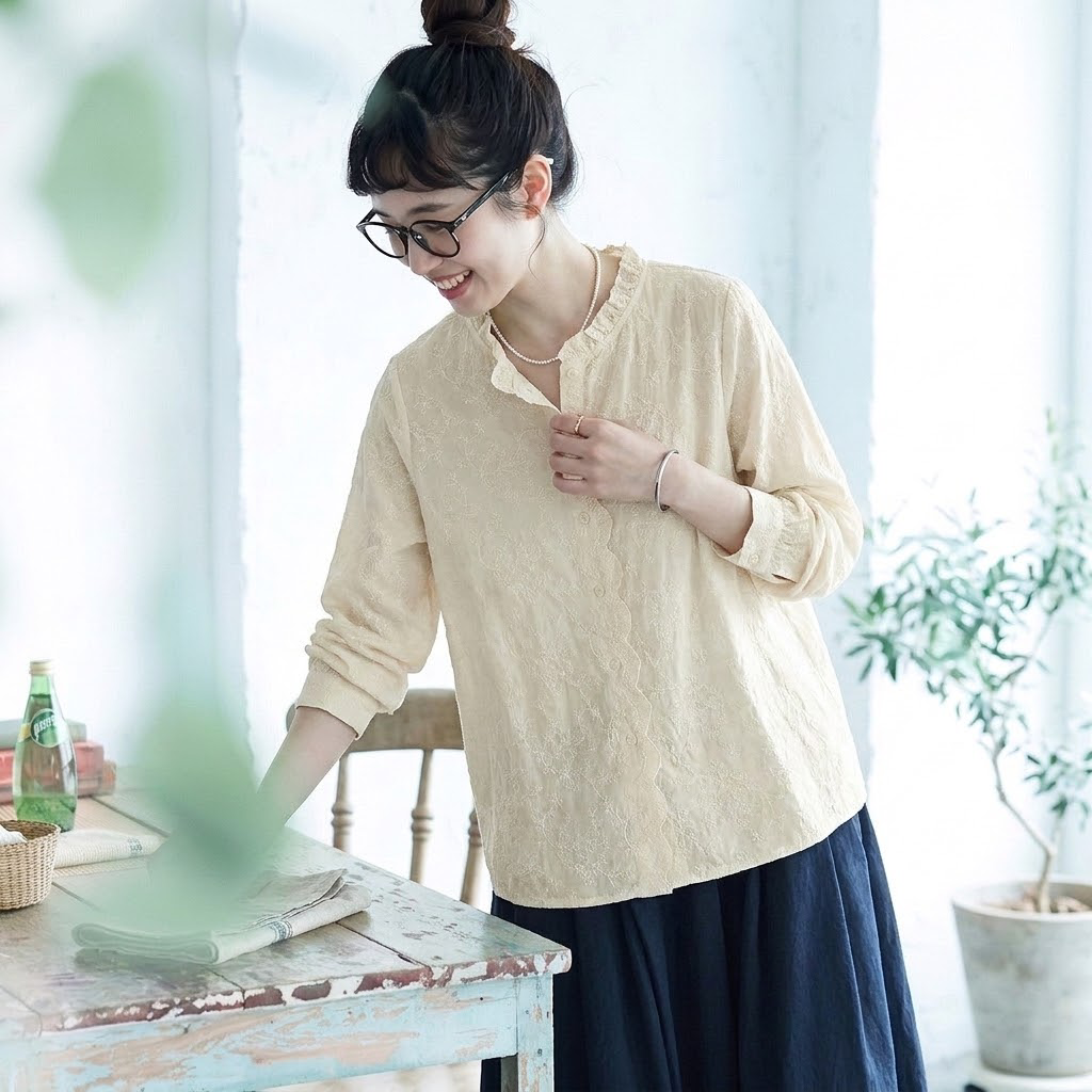 季節の変わり目【コットン】M-2XL  気分転換 刺繍 花模様 柔らかい 長袖 ナチュラル シャツ 2XL ベージュ