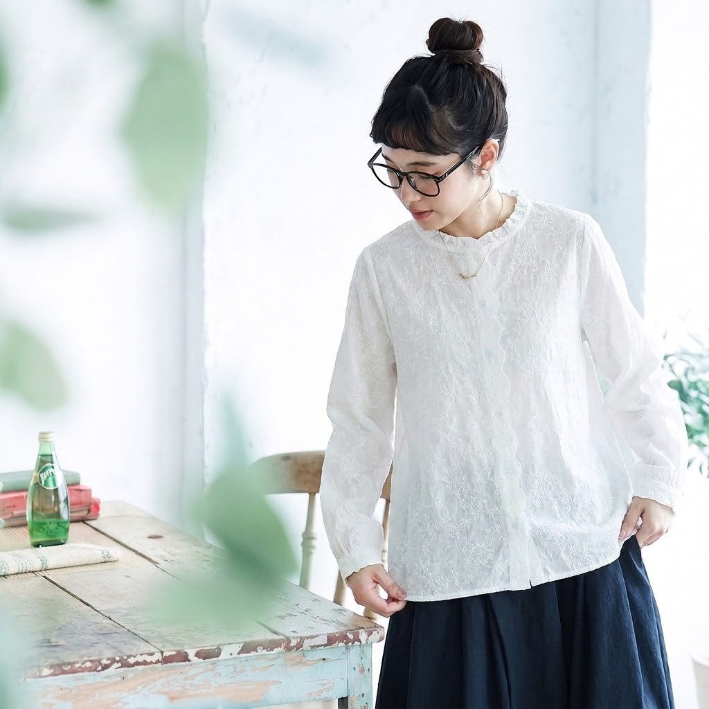 季節の変わり目【コットン】M-2XL  気分転換 刺繍 花模様 柔らかい 長袖 ナチュラル シャツ M ベージュ