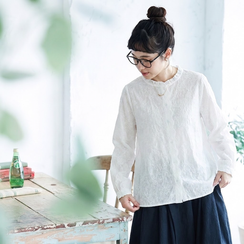 季節の変わり目【コットン】M-2XL  気分転換 刺繍 花模様 柔らかい 長袖 ナチュラル シャツ M ベージュ