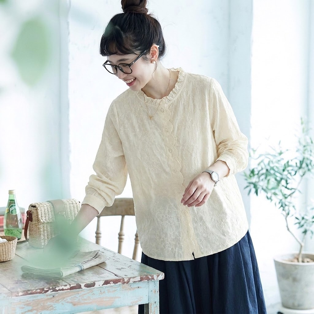 季節の変わり目【コットン】M-2XL  気分転換 刺繍 花模様 柔らかい 長袖 ナチュラル シャツ M ベージュ
