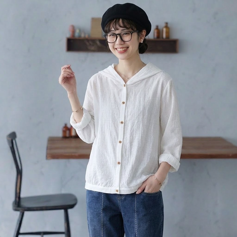 M-2XL 女性に大人気 綿麻 耐久性 シンプル フード付き 無地 プリント シャツ 2XL ホワイト