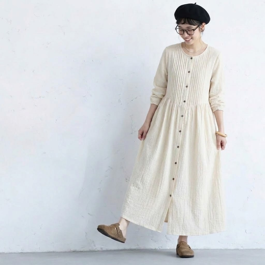 S-2XL 超快適 無地 シンプル プリーツ 長袖ワンピース S アプリコット