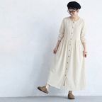 S-2XL 超快適 無地 シンプル プリーツ 長袖ワンピース S アプリコット
